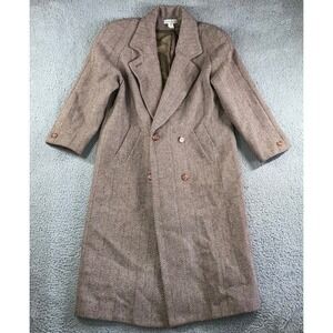 Vintage Herringbone Double Breasted Full Length 100% Wool OverCoat Women‎ 10